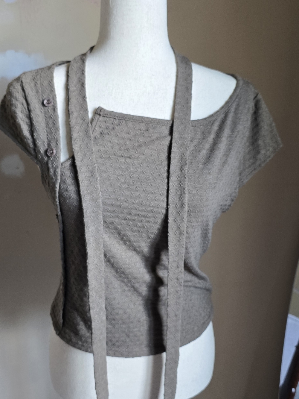Cider Taupe Short-Sleeve Knit Crop Top with Draped Neck Ties